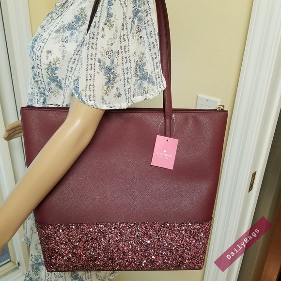 KATE SPADE PENNY GLITTER GRETA TOTE CHERRYWOOD - Picture 8 of 10
